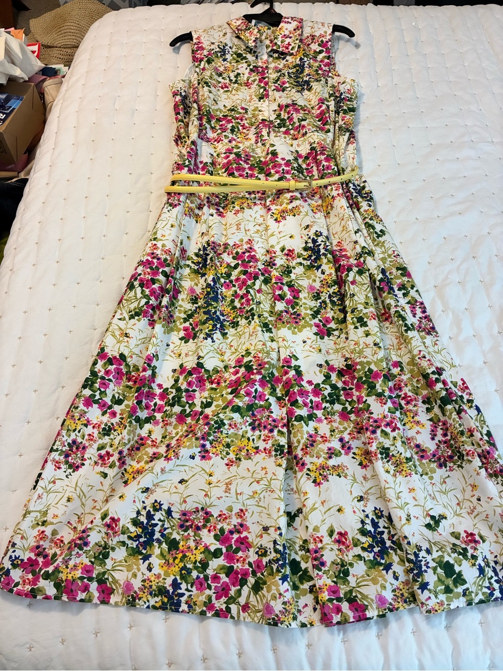Max Mara Floral Print Sleeveless Dress with Yellow Belt